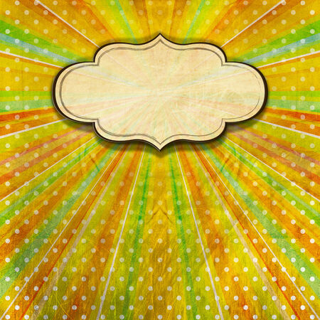 Vintage background with warm colors, sunbeams stripes, circles and blank labelの写真素材