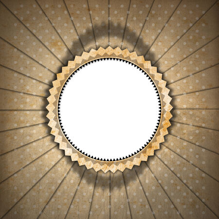 Vintage background with brown and beige colors, sunbeams stripes and central blank labelの写真素材