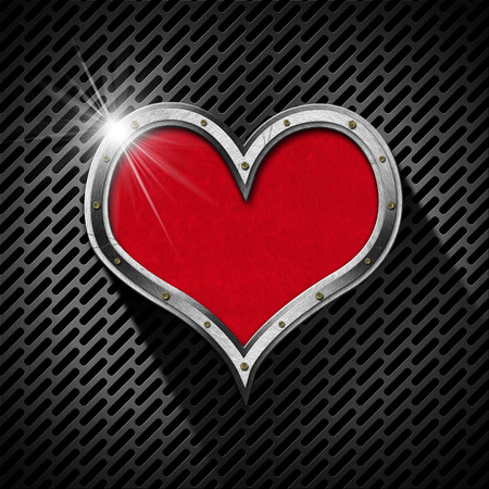 Metal porthole heart shape with red velvet interior, on black and gray dark grid
の写真素材