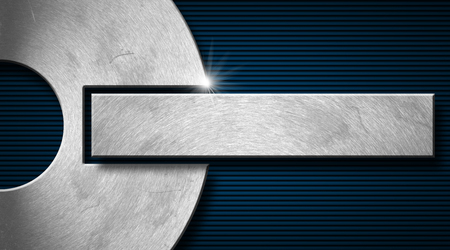 Blue and black corrugated abstract background with metal circle and horizontal metal band の写真素材