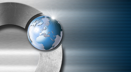 Blue and black corrugated abstract background with metal circle and blue world globeの写真素材