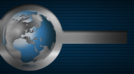 Blue and black corrugated abstract background with metal circle and blue world globeの写真素材