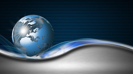 Blue and black corrugated abstract background with metal wave and blue world globeの写真素材