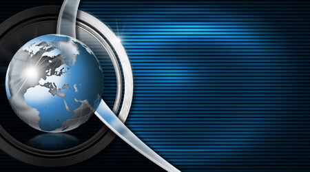 Blue and black corrugated abstract background with metal circle and curve with blue world globeの写真素材