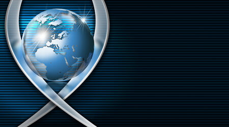 Blue and black corrugated abstract background with metal curves and blue world globeの写真素材