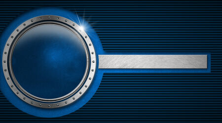 Blue and black corrugated abstract background with metal porthole and horizontal metal band of blue velvetの写真素材