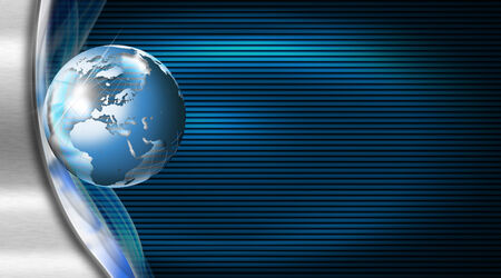 Blue and black corrugated abstract background with metal wave and blue world globeの写真素材