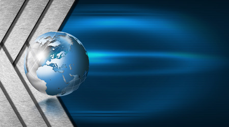 Blue and black abstract background with metal stripes and blue world globeの写真素材