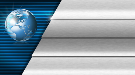 Blue and black abstract background with metal stripes and blue world globeの写真素材
