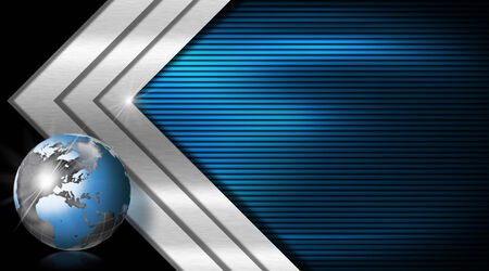 Blue and black business background with three metal arrows and blue world globeの写真素材