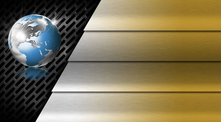 Gold and silver business background with stripes, dark grid and blue world globe