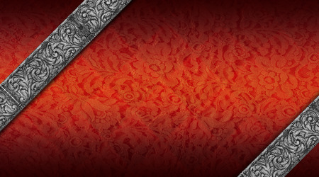 Red and orange texture with ornate floral seamless and diagonal silver bandsの写真素材