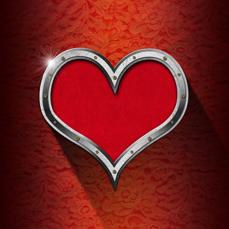 Metal porthole heart shape with red velvet interior, on red and orange texture with ornate floral seamless
の写真素材