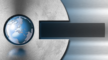 Blue and metal abstract background with metal circle and blue world globeの写真素材