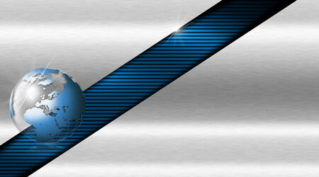 Blue and black corrugated abstract background with metal corners and blue world globeの写真素材