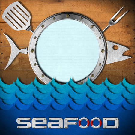 Restaurant seafood menu with metal porthole, kitchen utensils on wooden wall and stylized wavesの写真素材
