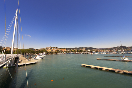 View of La Spezia harbor at day, in the foreground the Bridge of Thaon di Revel in Liguria Italyの写真素材