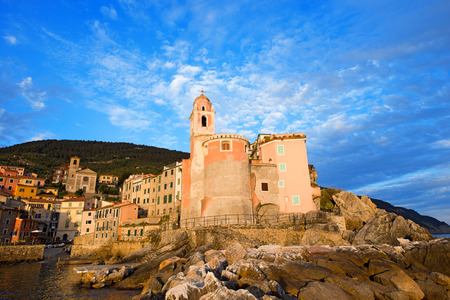 View of Tellaro, ancient small village of Liguria in Italy, at sunsetの写真素材