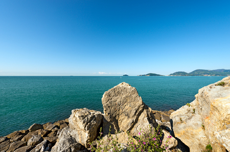 Panorama of the Gulf of La Spezia  The Gulf of Poets  Liguria Italy, in the background Portovenere, Palmaria Island and Tinoの写真素材