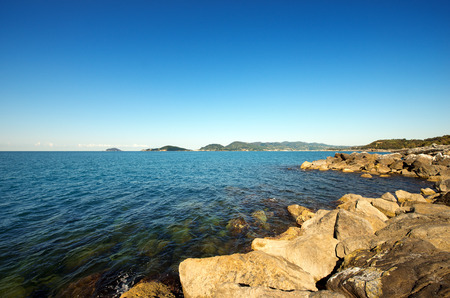 Panorama of the Gulf of La Spezia  The Gulf of Poets  Liguria Italy, in the background Portovenere, Palmaria Island and Tinoの写真素材