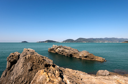 Panorama of the Gulf of La Spezia  The Gulf of Poets  Liguria Italy, in the background Portovenere, Palmaria Island and Tinoの写真素材
