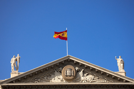 Detail of the top part of the building of the military government  Gobierno Militar  in Barcelona, Spain  Its construction began in 1928 to house the offices of the Ministry of Warのeditorial素材