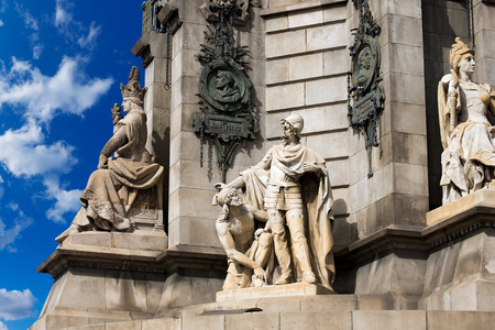 Detail of the stone pedestal of the column of Barcelona  1888  - Spain, monument dedicated to the famous Italian navigator and explorer Cristorofo Colombo  1451-1506 のeditorial素材