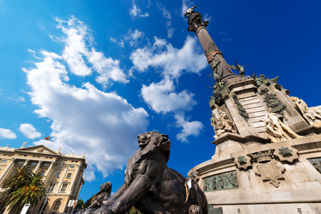 Column of Barcelona, Spain, monument dedicated to the famous Italian navigator Cristorofo Colombo  On the left the building of the military governmentのeditorial素材