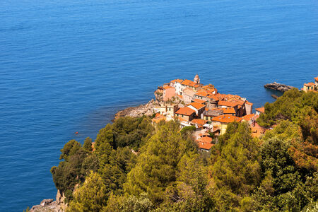 Panoramic view of Tellaro, ancient village in Liguria, Gulf of Poets, La Spezia, Italyの写真素材