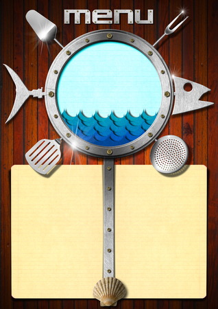 Restaurant fish menu with metal porthole, stylized waves, yellow empty pages, kitchen utensils and seashellの写真素材