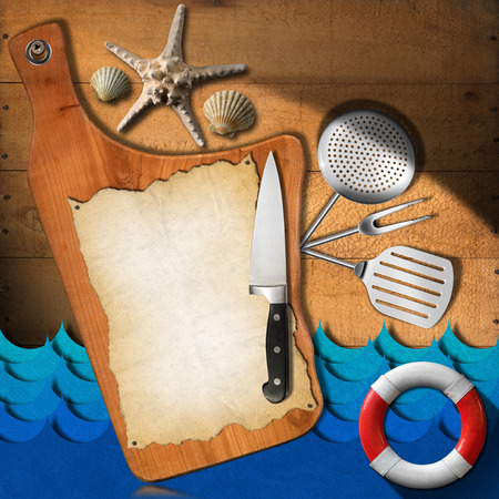 Cutting board on a wooden wall with empty parchment, kitchen utensils, lifebuoy, stylized waves, seashells and starfish  Template for seafood menuの写真素材