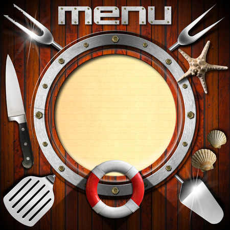 Restaurant wooden menu with metal porthole, yellow empty page, kitchen utensils, seashells, starfish and lifebuoy の写真素材