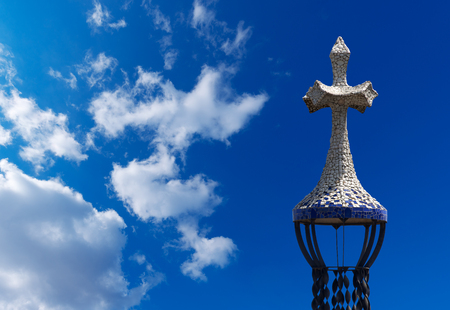 Details of a blue and white cross in the famous Park Guell の写真素材