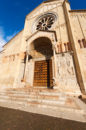 Detail of the facade of the Basilica of San Zeno (X-XI century) in Verona Italy. Is considered one of the masterpieces of Romanesque architecture in Italyの写真素材