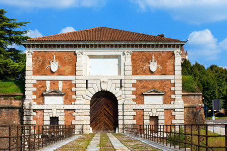 Porta San Zeno (St. Zeno Gate), monumental gate (1542) of the architect Michele Sanmicheli in Verona, Veneto, Italyのeditorial素材