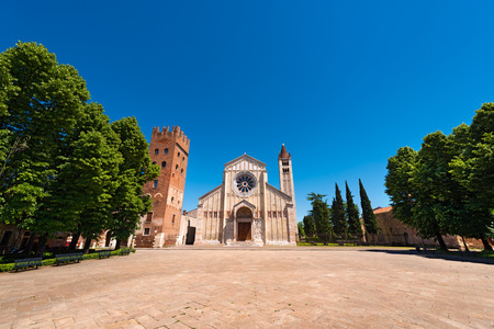 Basilica of San Zeno (X-XI century) and Abbey tower (XII-XIII century) in Verona Italy. Is considered one of the masterpieces of Romanesque architecture in Italyの写真素材