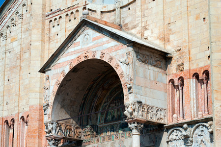 Detail of ancient porch of the Basilica of San Zeno (X-XI century) in Verona Italy. Is considered one of the masterpieces of Romanesque architecture in Italyの写真素材