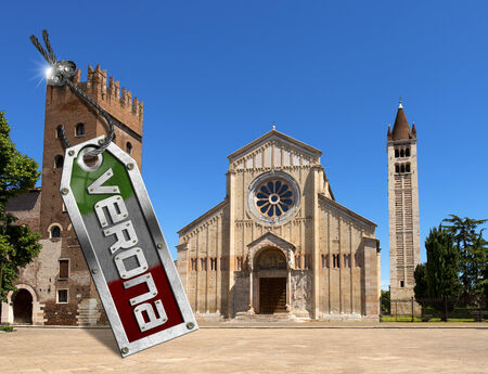 Basilica of San Zeno and Abbey tower with metal tag, steel cable, bolts and text Verona -  Italyの写真素材