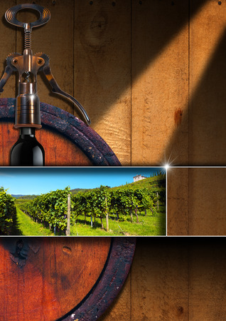 Wooden background with old wooden barrel, green vineyard, corkscrew and black wine bottle. Template for wine list or menuの写真素材