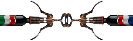 Two chained corkscrew and black wine bottles with French and Italian flags, isolated on white background, concept of competitive marketの写真素材