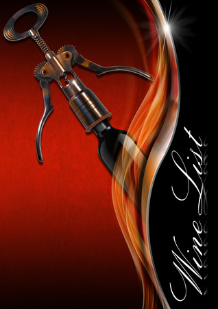 Red and orange velvet background with metal wave and text Wine List, old corkscrew and black bottle. Template for wine list or menu の写真素材