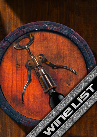 Wooden background with diagonal silver bands and text Wine List, old wooden barrel, corkscrew and black wine bottle. Template for wine list or menu
の写真素材