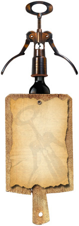 Notebook for a wine list or menu on used wooden cutting board with black corkscrew and black bottle isolated on white backgroundの写真素材