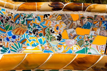 BARCELONA, SPAIN - JUNE 10, 2014: Detail of a ceramic bench in the Park Guell designed by the famous architect Antoni Gaudi (1852-1926). UNESCO, World Heritage Siteのeditorial素材
