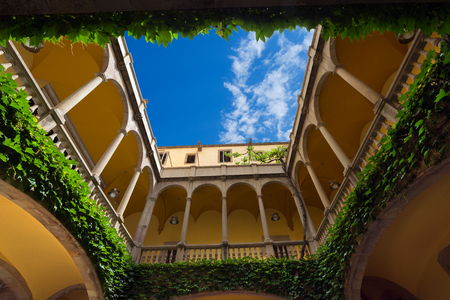 Typical patio (courtyard) of a ancient house of Barri Gotic quarter in Barcelona, Catalonia, Spainのeditorial素材