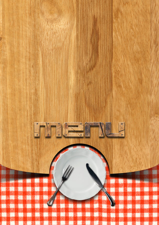 Wooden brown background with checkered tableclothの写真素材