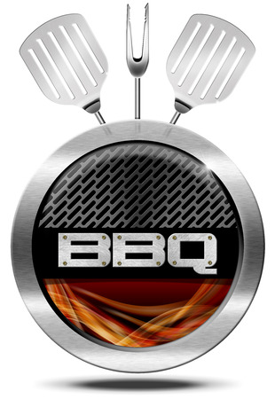 Metallic round barbecue symbol or icon with metallic grill and flames, kitchen utensils, fork and two spatulas. Isolated on white backgroundの写真素材
