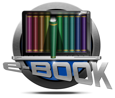 Round metallic icon or symbol of e-Book with laptop computer with books. Isolated on white backgroundの写真素材
