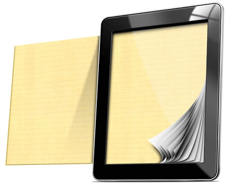 Black tablet computer with yellow lined pages. Isolated on white backgroundの写真素材