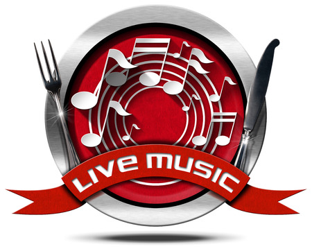 Metal icon or symbol with white musical notes, red ribbon with text live music and silver cutlery. Isolated on white backgroundの写真素材